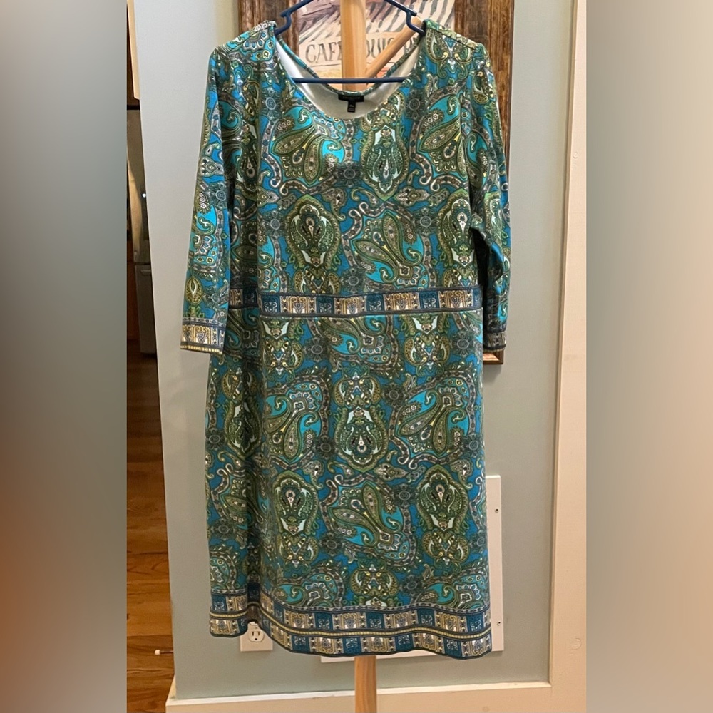Talbots Blue Sheath Dress with Scoop Neck and 3/4 Sleeves